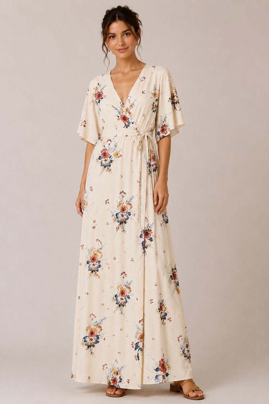 Romantic Ivory Floral Maxi True Wrap Dress XS Coastal Garden Party Boho